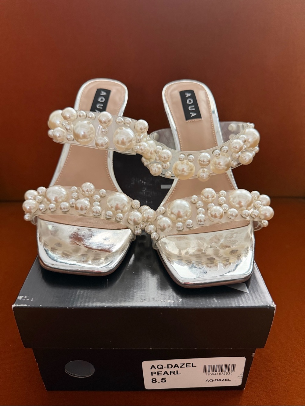 Aqua Pearl-Embellished Silver Slide Mules